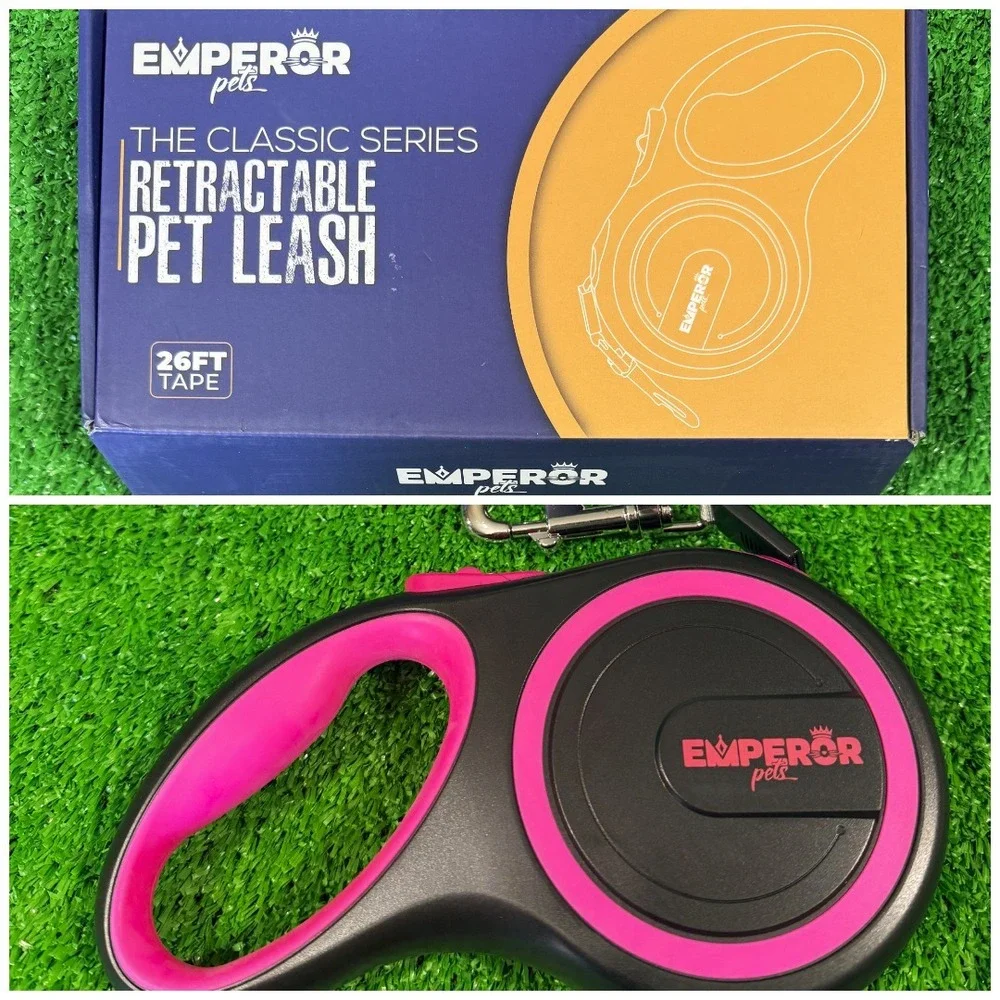 EMPEROR PETS - 26 ft Retractable Pink & Black Pet Dog Leash -Up to 110 lbs - NEW